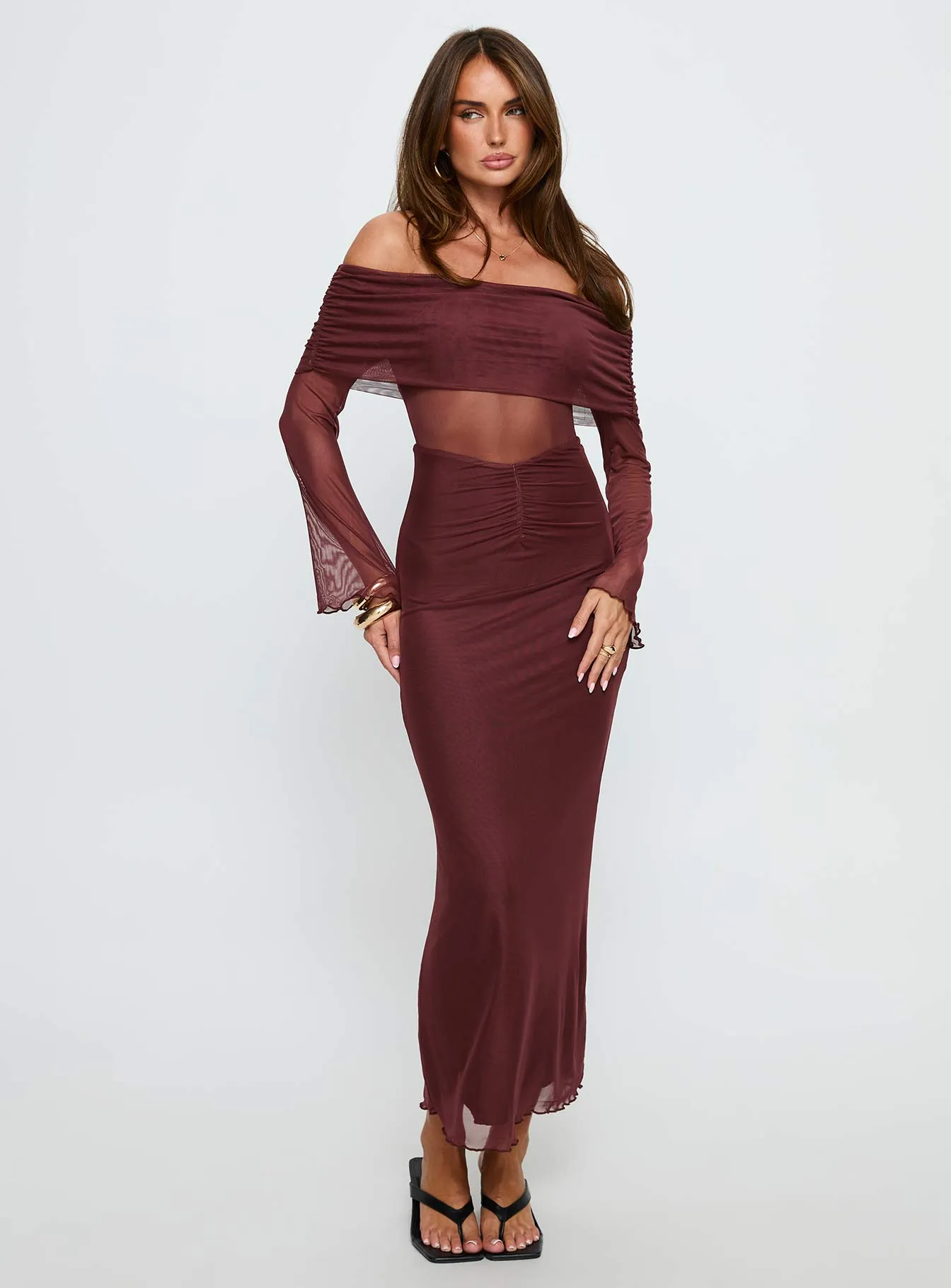 Velouria Off Shoulder Long Sleeve Maxi Dress Brown sold by Princess Polly product image thumbnail 2