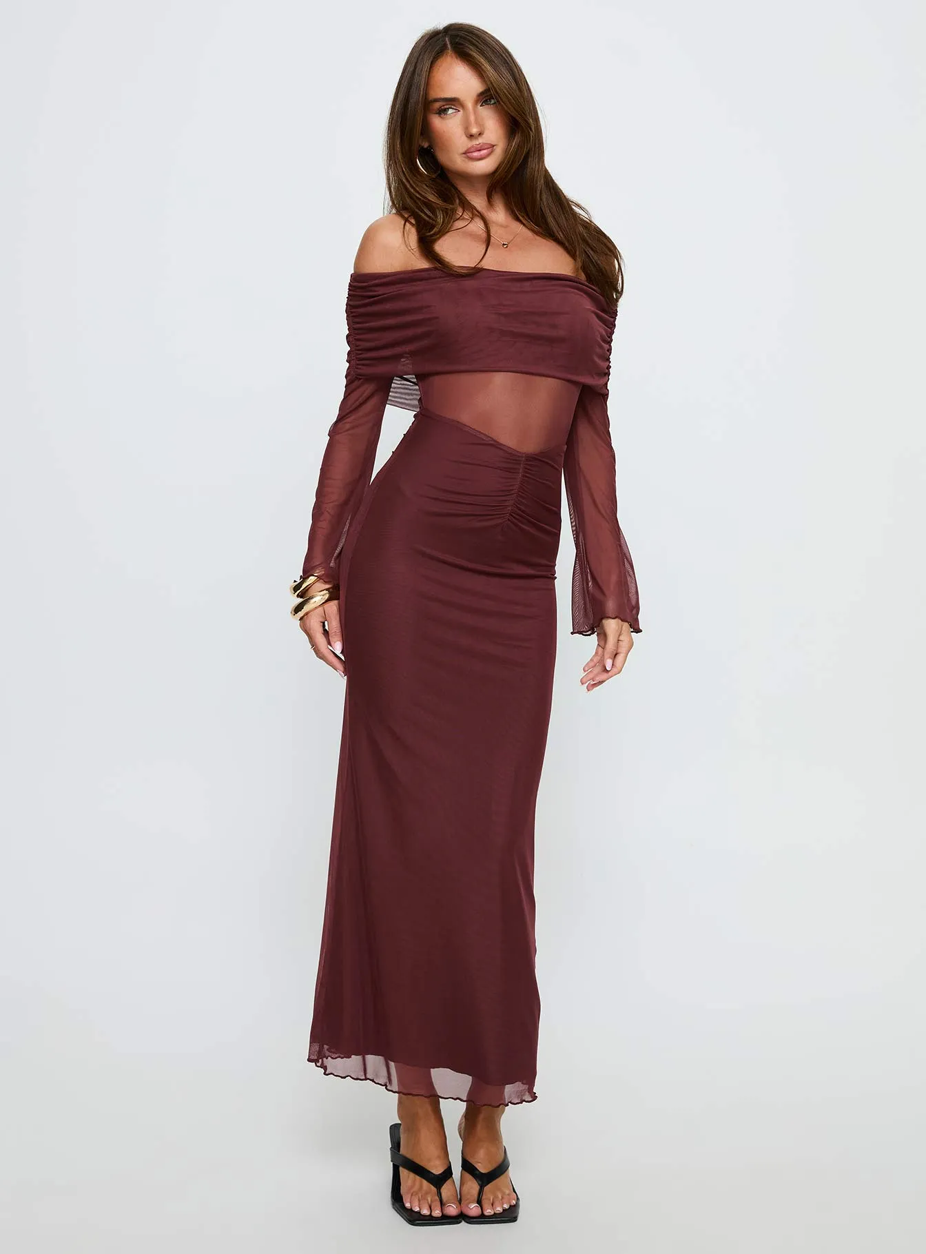 Velouria Off Shoulder Long Sleeve Maxi Dress Brown sold by Princess Polly product image thumbnail 3