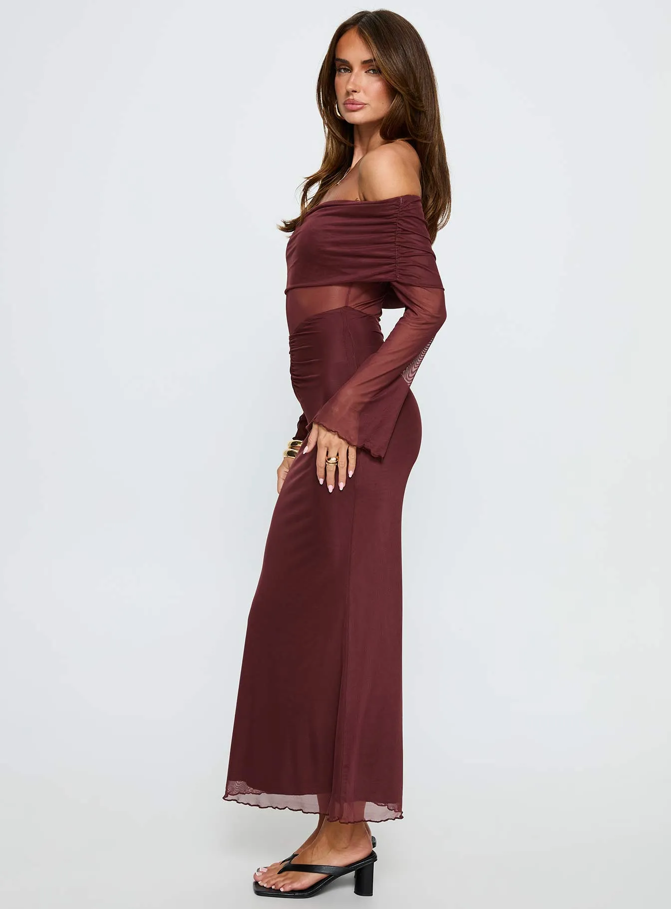 Velouria Off Shoulder Long Sleeve Maxi Dress Brown sold by Princess Polly product image thumbnail 4