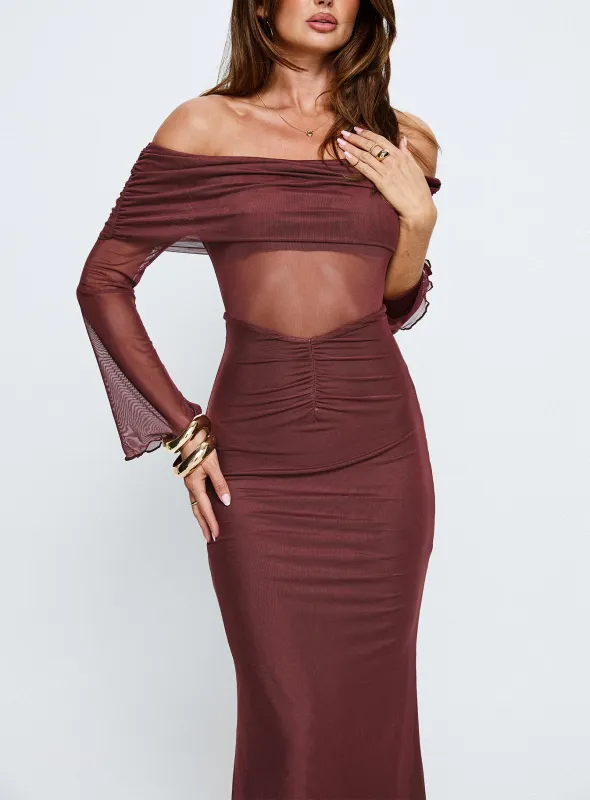 Velouria Off Shoulder Long Sleeve Maxi Dress Brown sold by Princess Polly