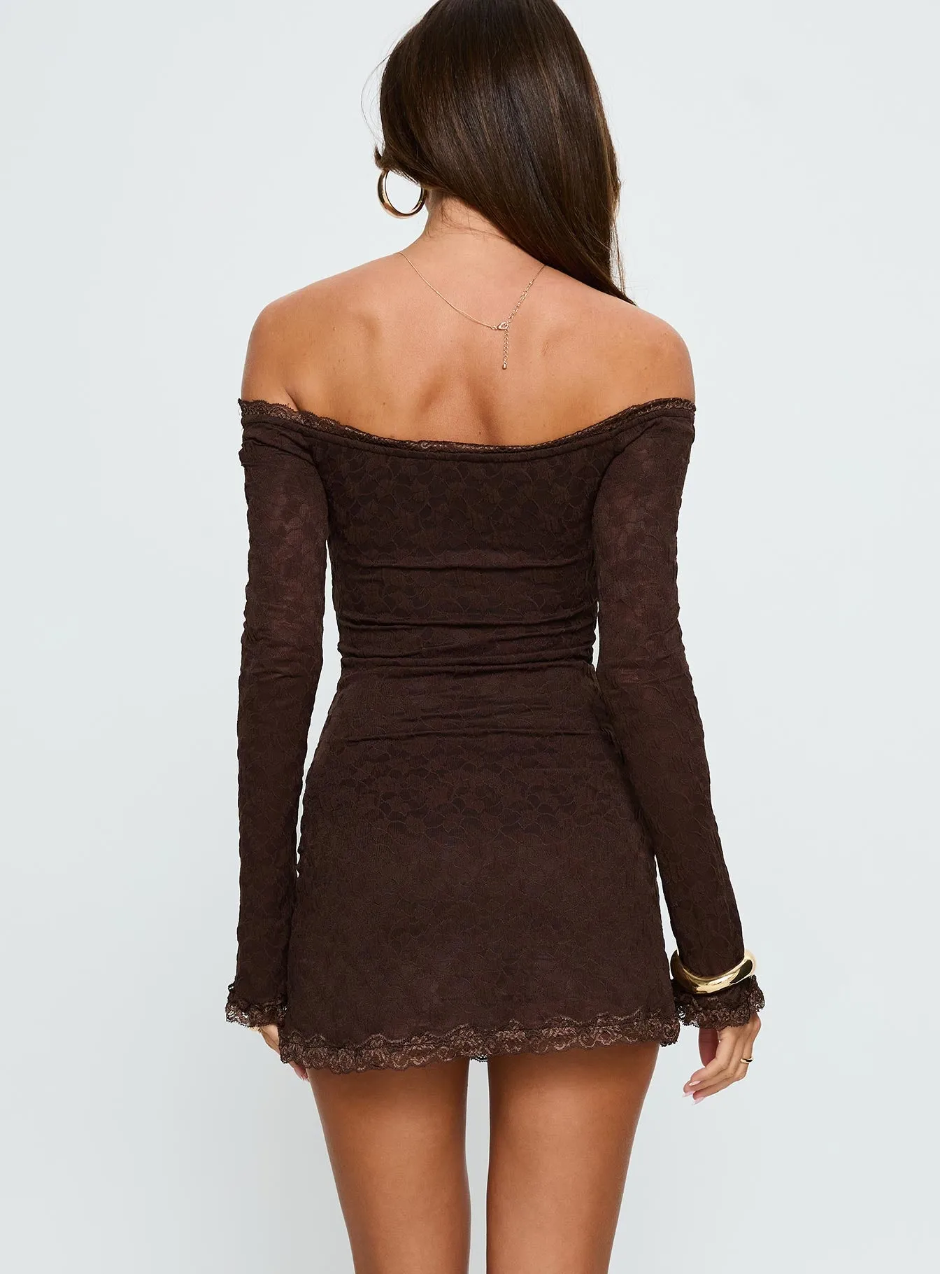 Avenues Long Sleeve Lace Mini Dress Chocolate sold by Princess Polly product image thumbnail 5