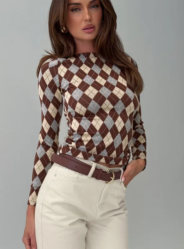 Shonna Boat Neck Long Sleeve Top Argyle sold by Princess Polly