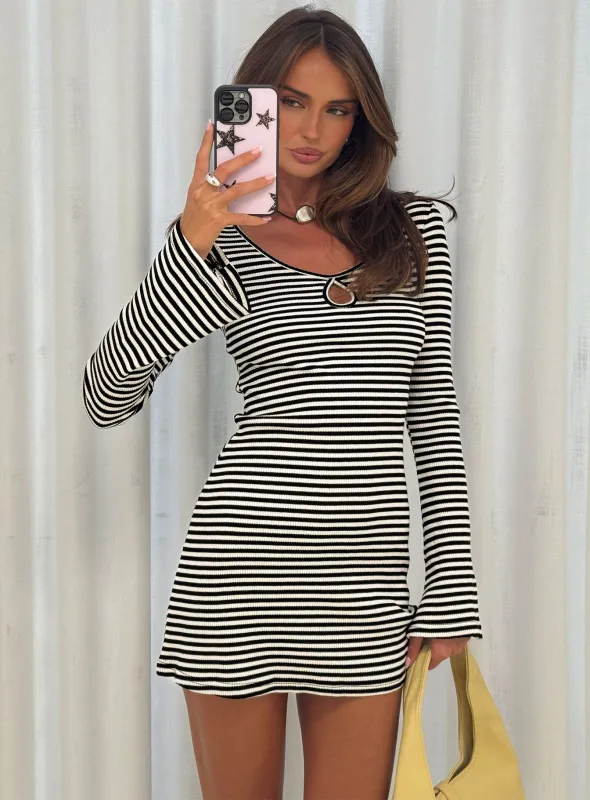 Lost Focus Long Sleeve Keyhole Mini Dress Black Stripe sold by Princess Polly