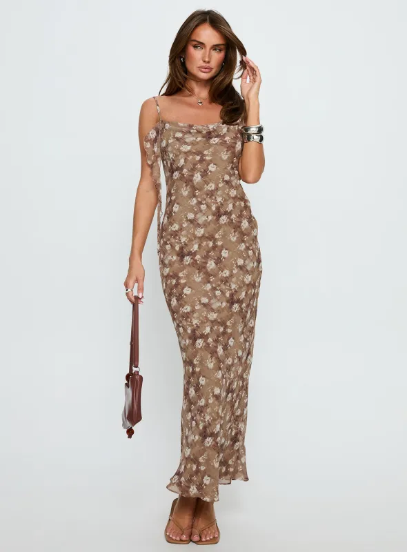 Silah Cowl Neck Maxi Dress Brown Floral sold by Princess Polly