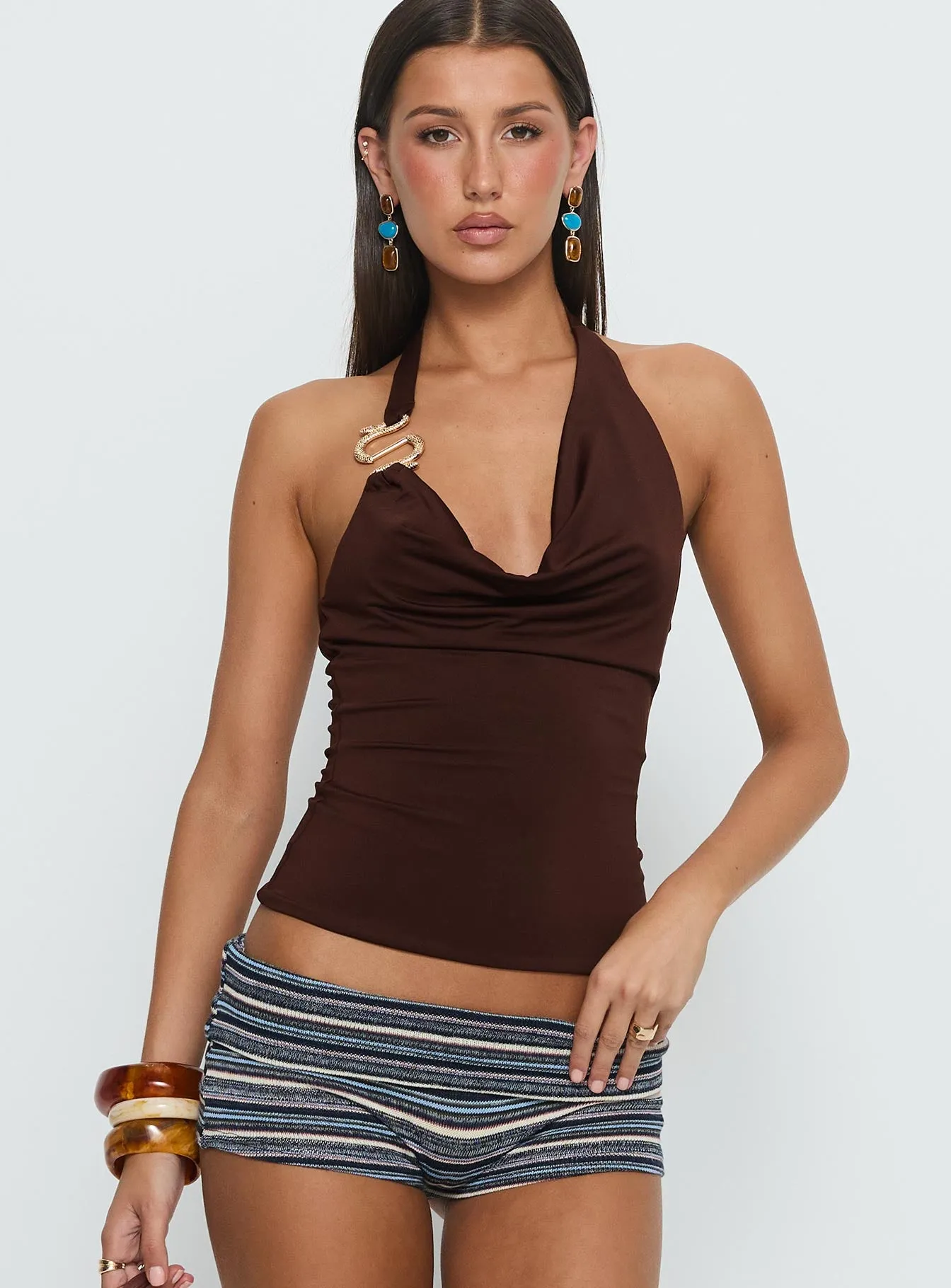 Yazmeen Cowl Neck Hardware Detail Top Chocolate sold by Princess Polly product image thumbnail 2