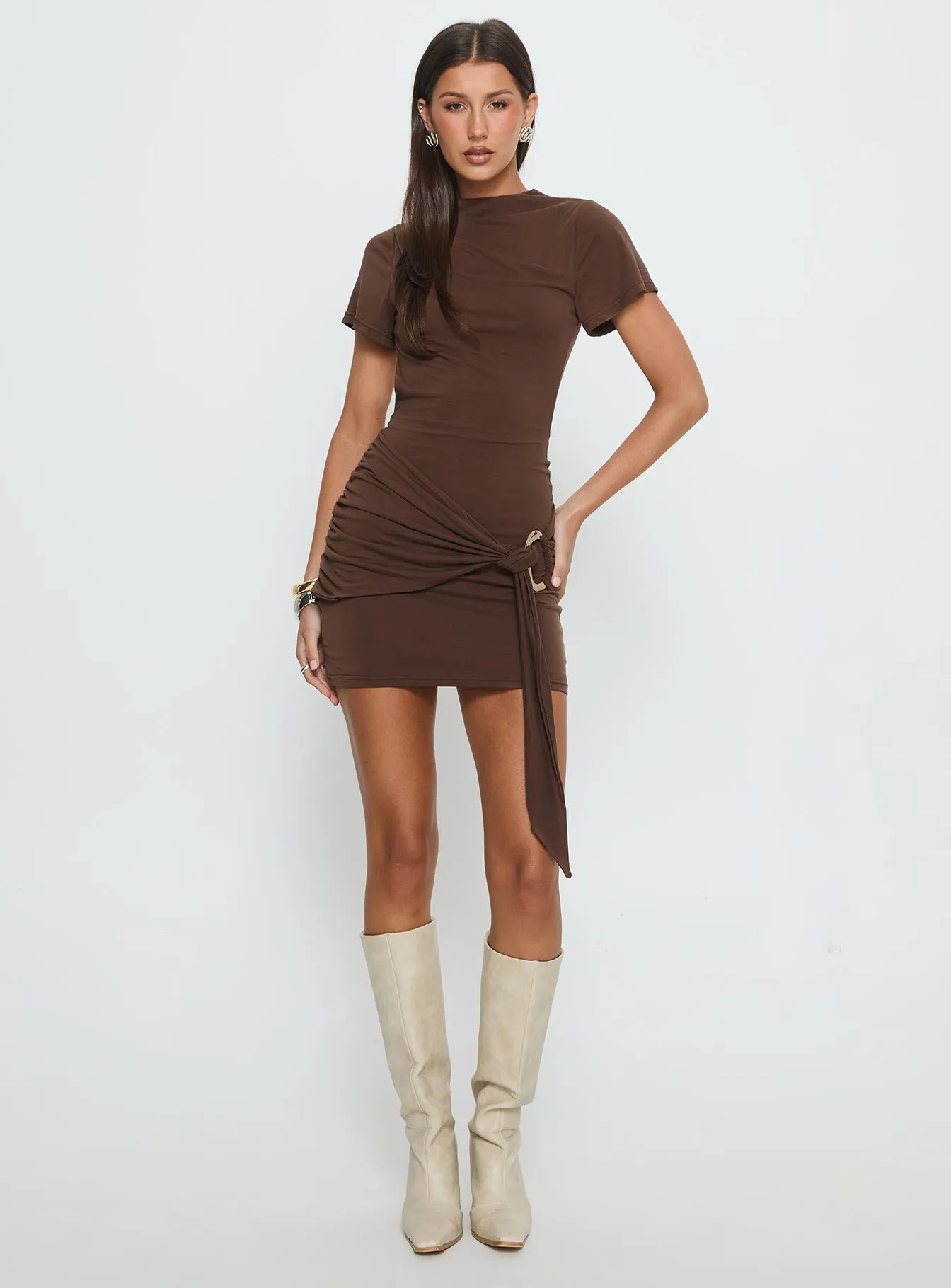 Madlen Open Back Draped Mini Dress Brown sold by Princess Polly product image thumbnail 3
