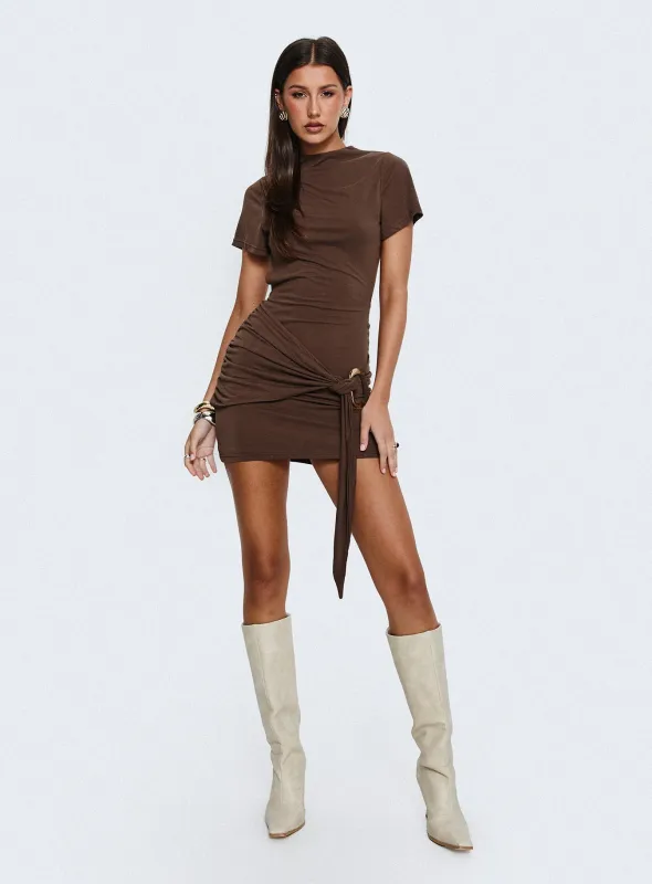 Madlen Open Back Draped Mini Dress Brown sold by Princess Polly
