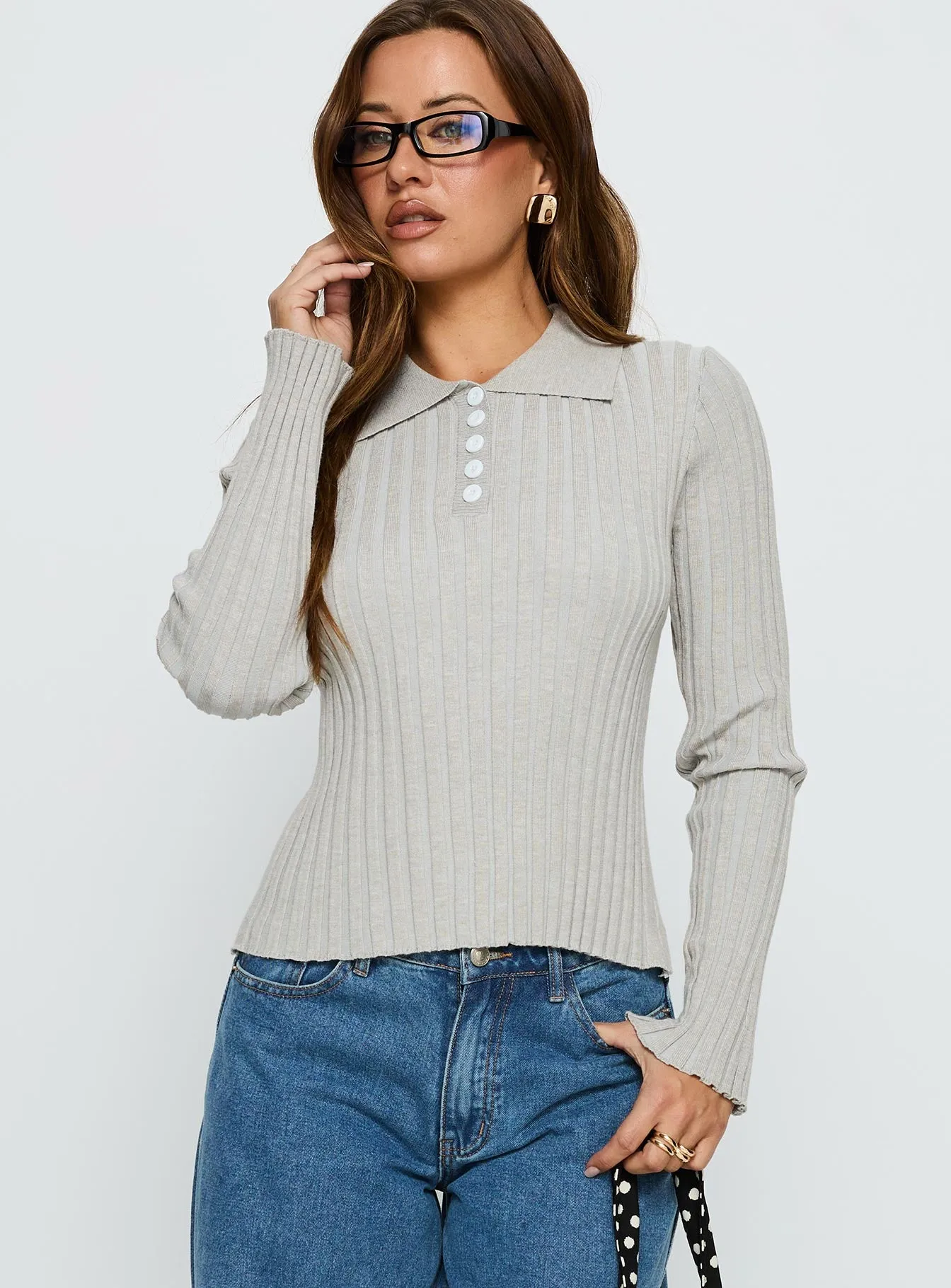 Wakely Collared Long Sleeve Top Grey sold by Princess Polly