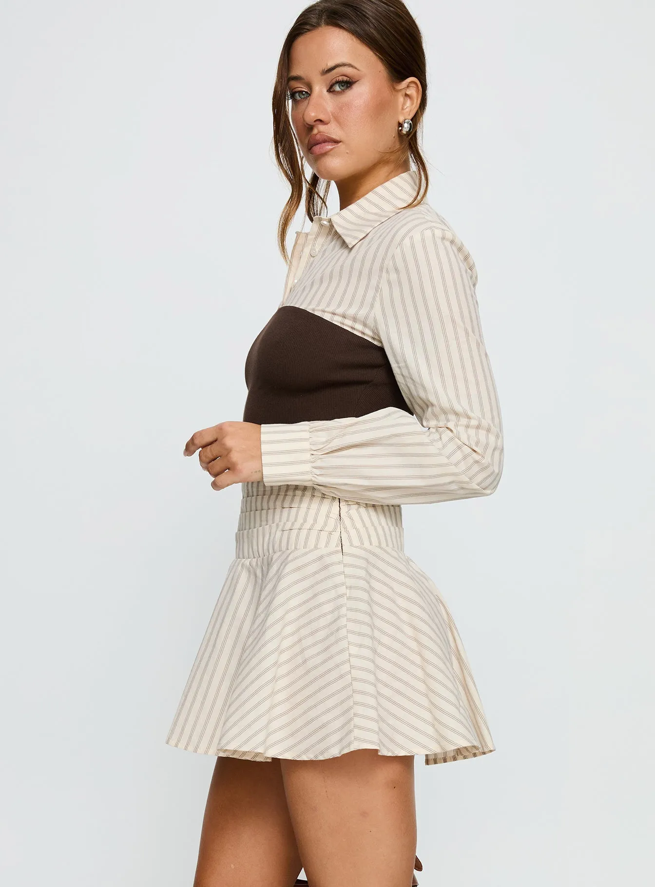 Belva Long Sleeve Corset Shirt Mini Dress Brown Stripe sold by Princess Polly product image thumbnail 4