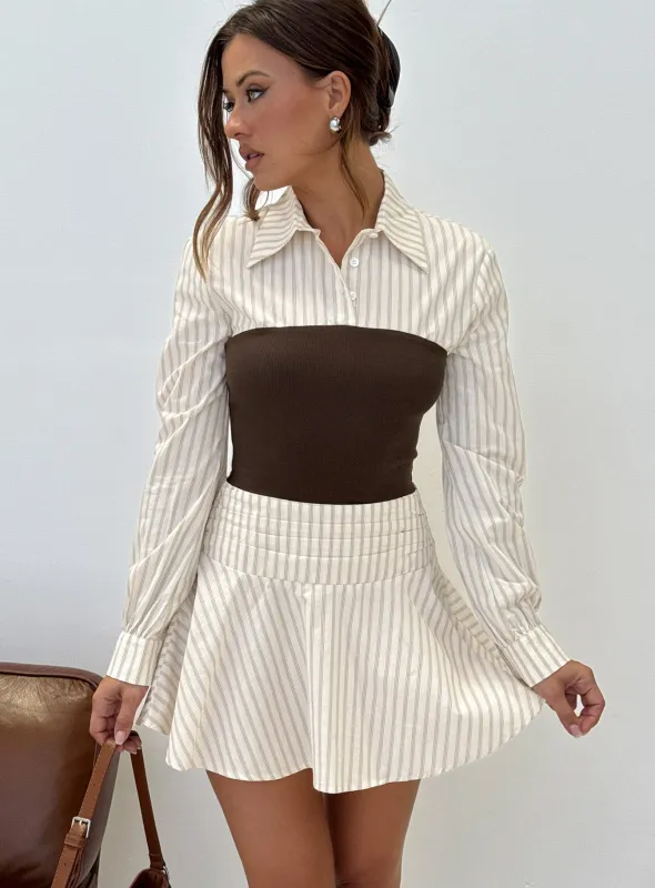 Belva Long Sleeve Corset Shirt Mini Dress Brown Stripe sold by Princess Polly