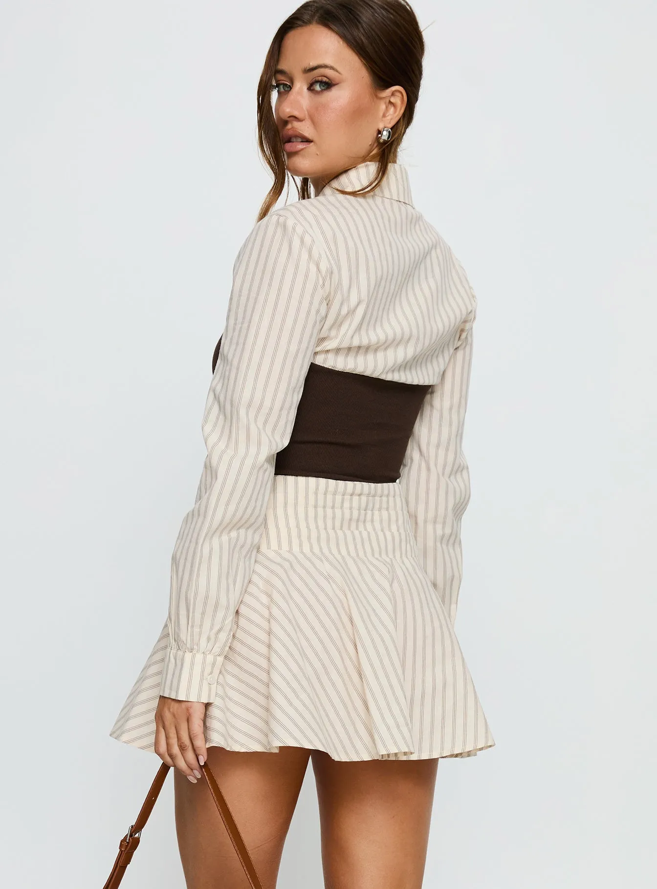 Belva Long Sleeve Corset Shirt Mini Dress Brown Stripe sold by Princess Polly product image thumbnail 5
