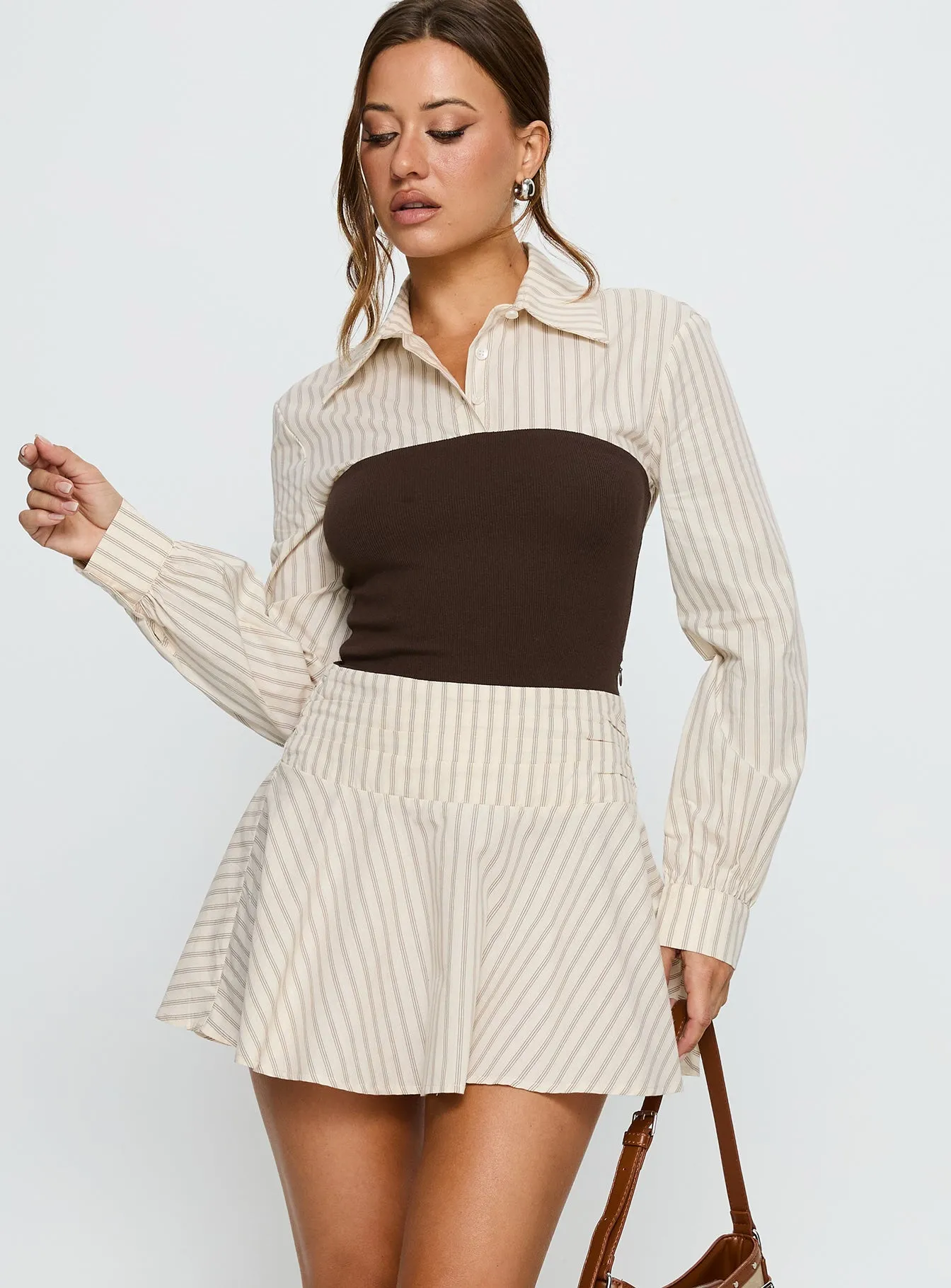 Belva Long Sleeve Corset Shirt Mini Dress Brown Stripe sold by Princess Polly product image thumbnail 2