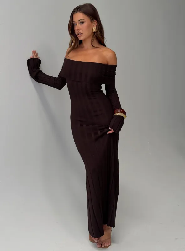 Ellouisa Long Sleeve Rib Maxi Dress Chocolate sold by Princess Polly