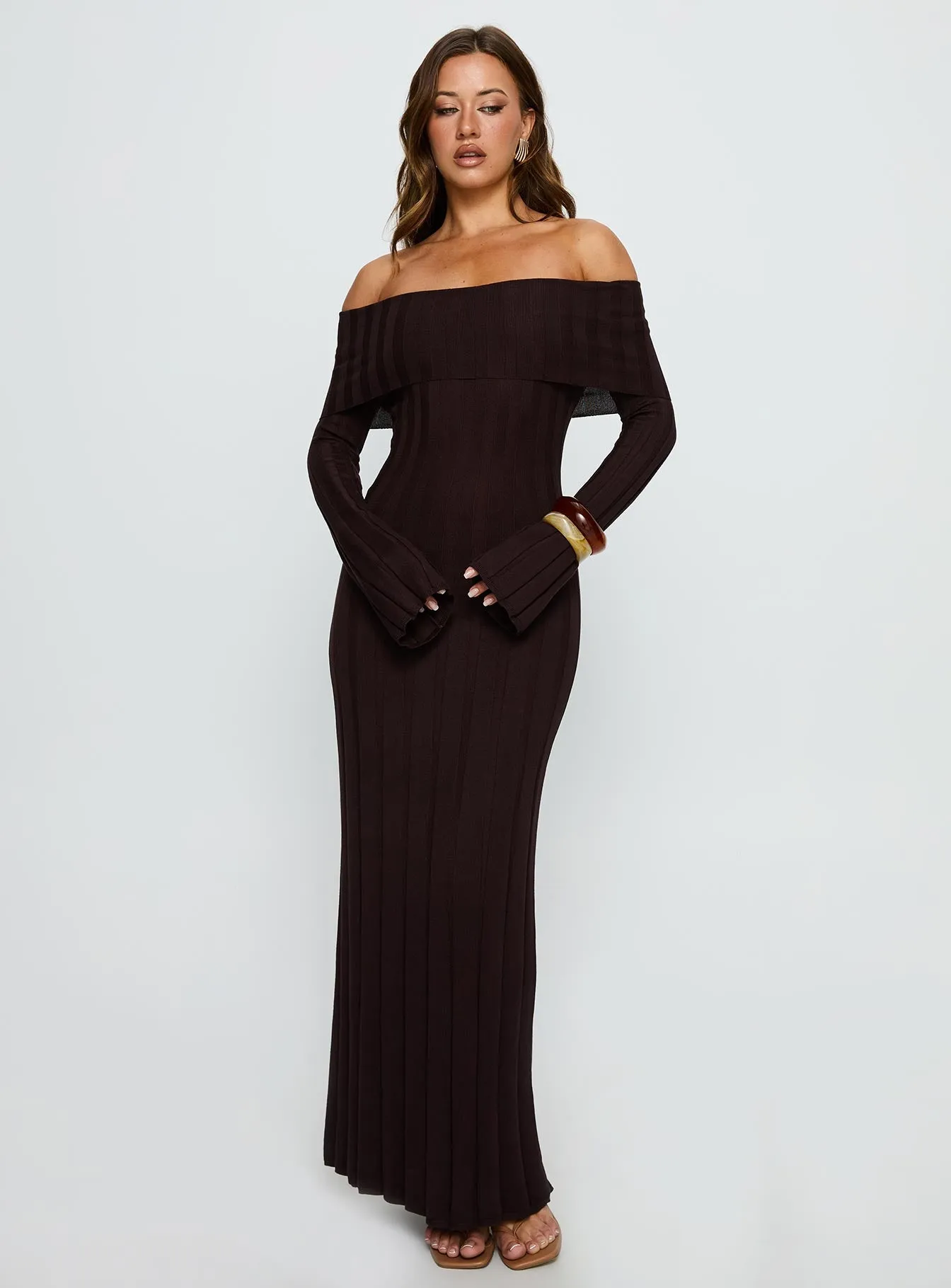 Ellouisa Long Sleeve Rib Maxi Dress Chocolate sold by Princess Polly product image thumbnail 2