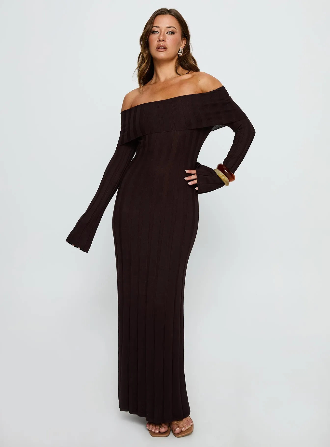 Ellouisa Long Sleeve Rib Maxi Dress Chocolate sold by Princess Polly product image thumbnail 3