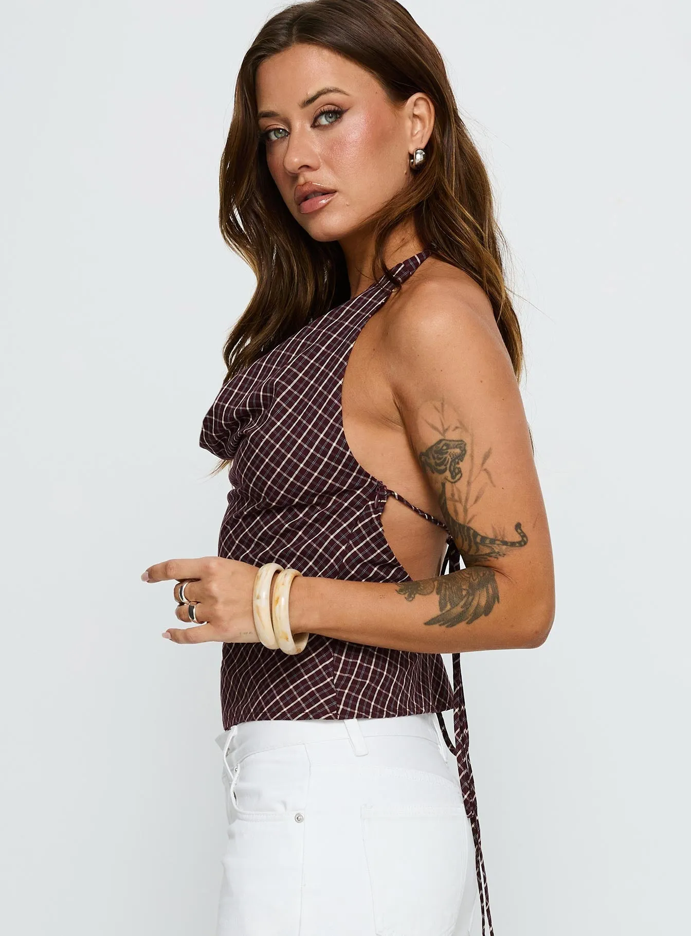 Gaybriel Cowl Neck Low Back Top Wine Check sold by Princess Polly product image thumbnail 4