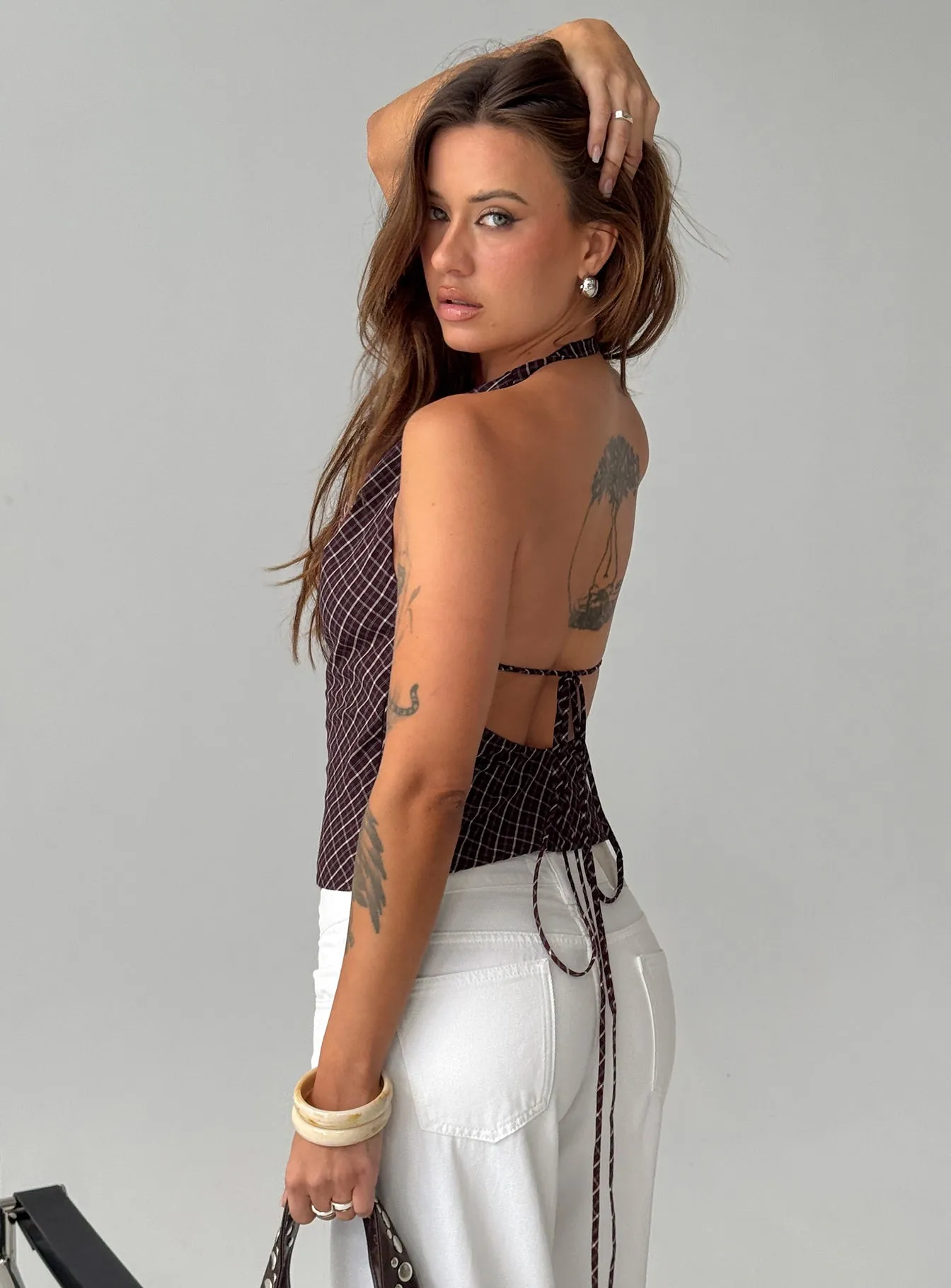 Gaybriel Cowl Neck Low Back Top Wine Check sold by Princess Polly