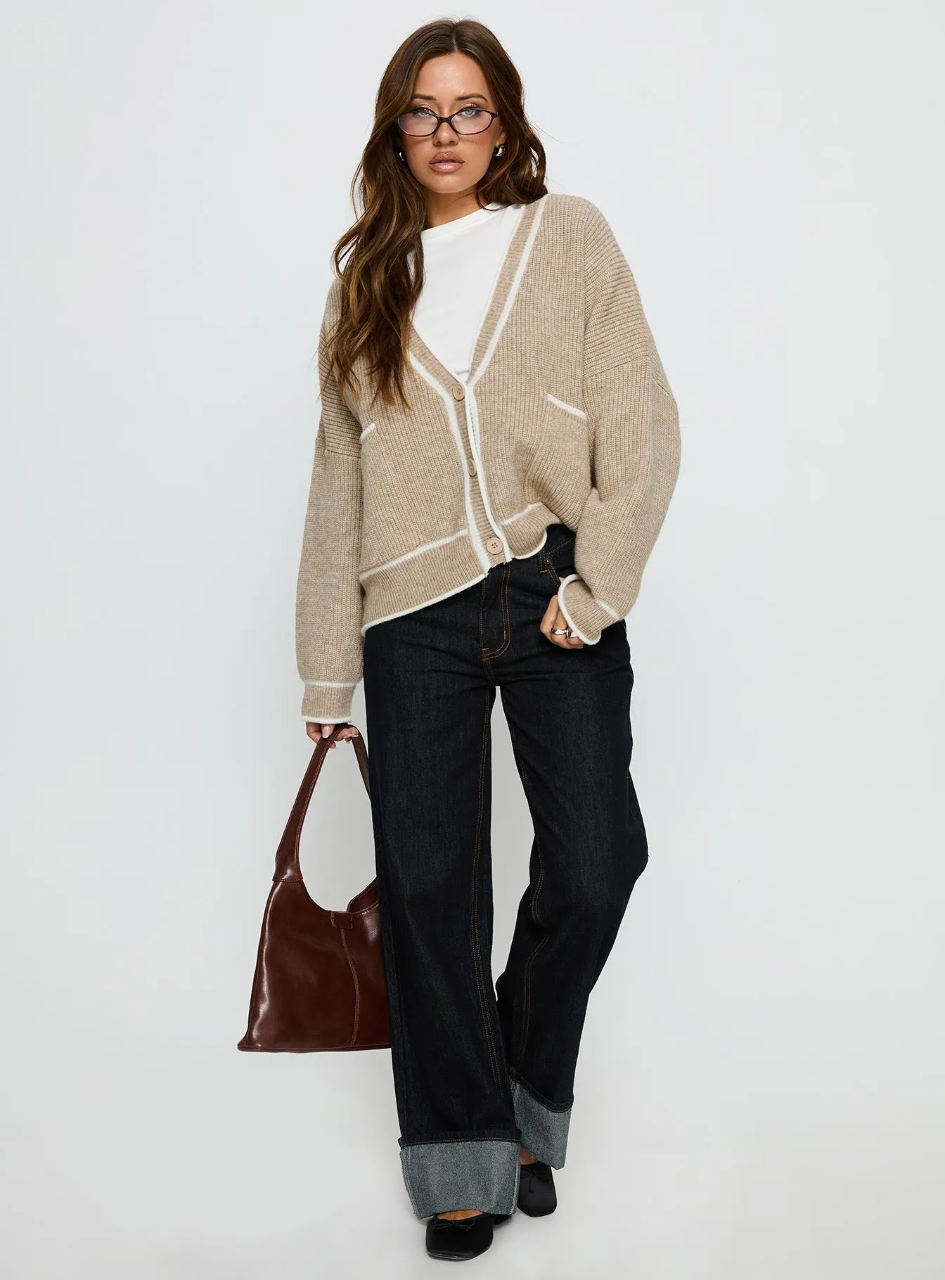 Cressara Contrast Knit Cardigan Beige / White sold by Princess Polly product image thumbnail 3
