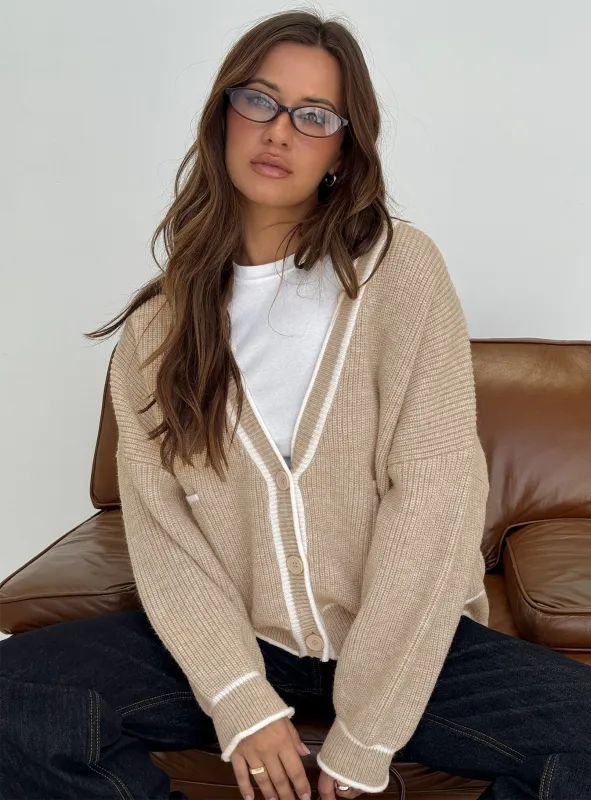 Cressara Contrast Knit Cardigan Beige / White sold by Princess Polly