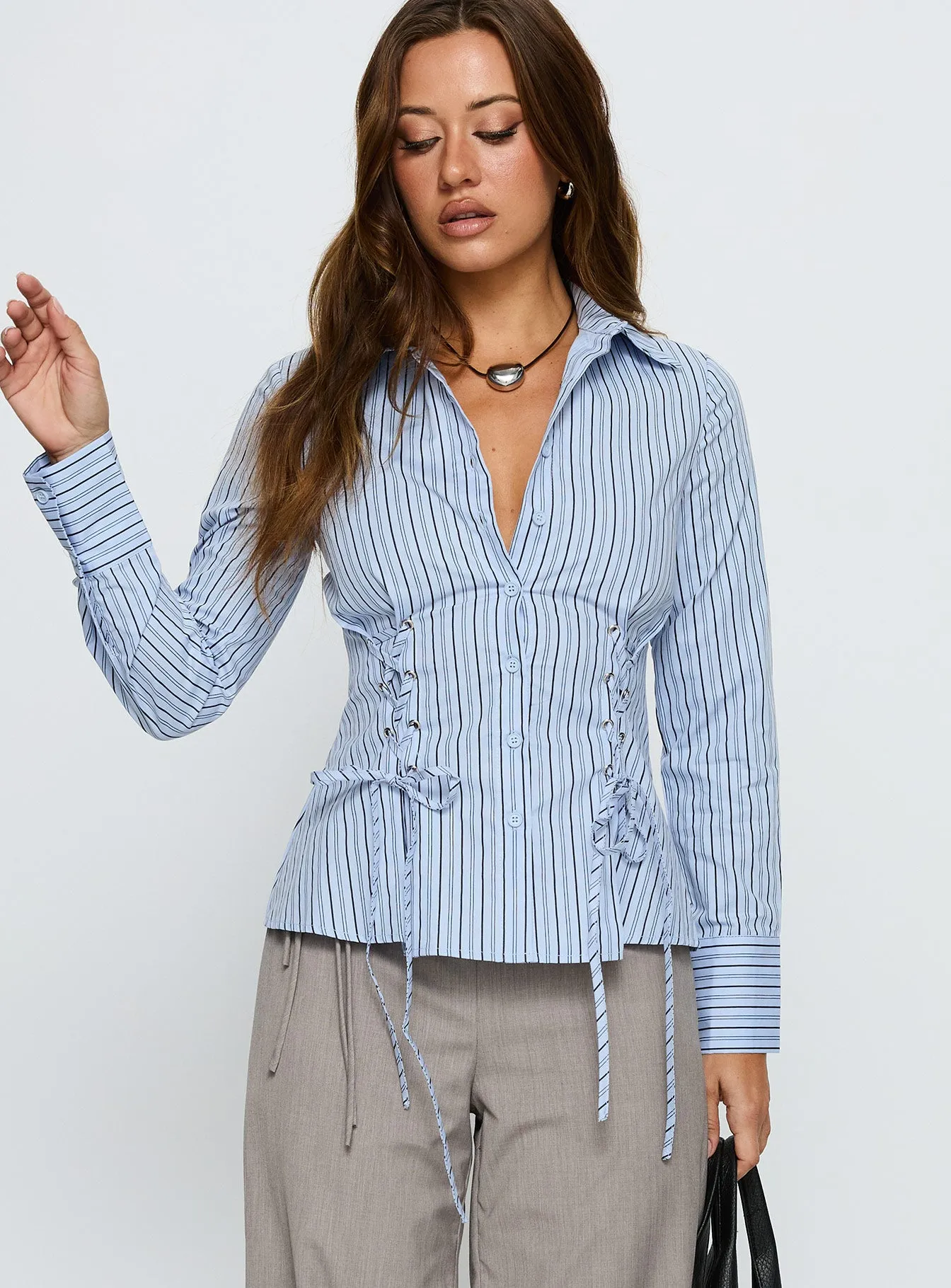 Sunisa Tie Detail Long Sleeve Top Blue Stripe sold by Princess Polly