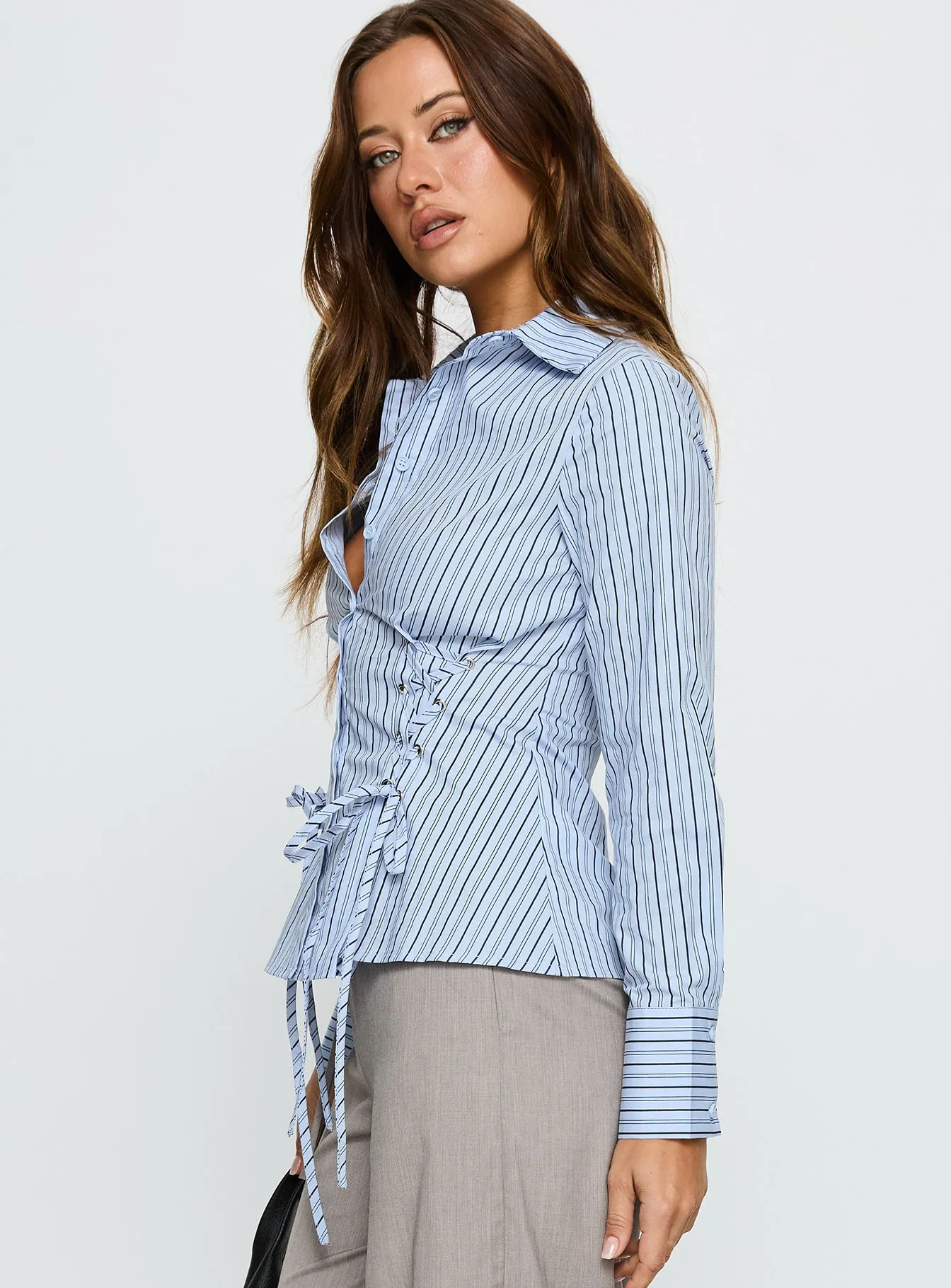 Sunisa Tie Detail Long Sleeve Top Blue Stripe sold by Princess Polly product image thumbnail 3