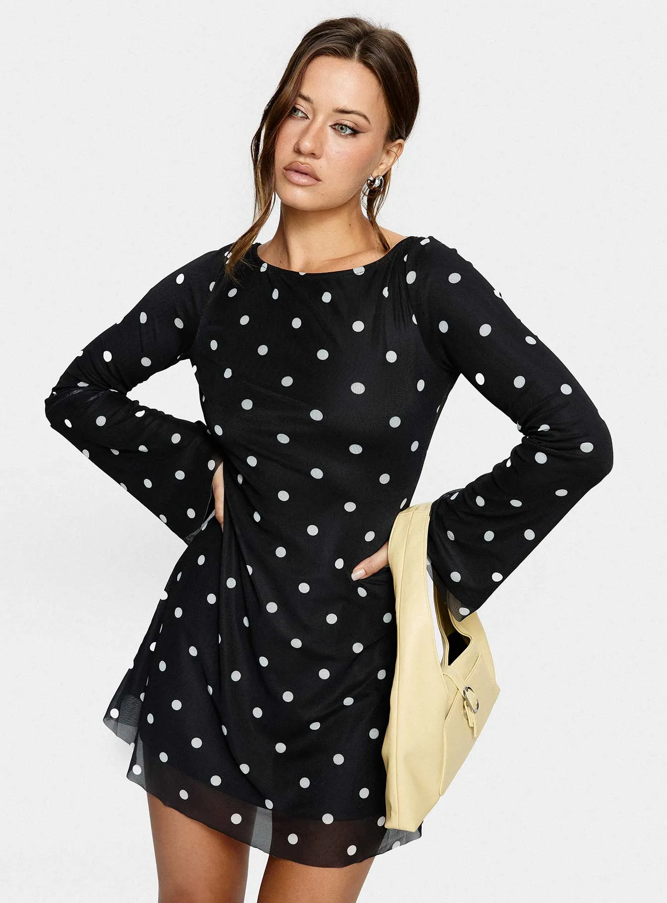 Lukea Long Sleeve Mini Dress Black Polka Dot sold by Princess Polly