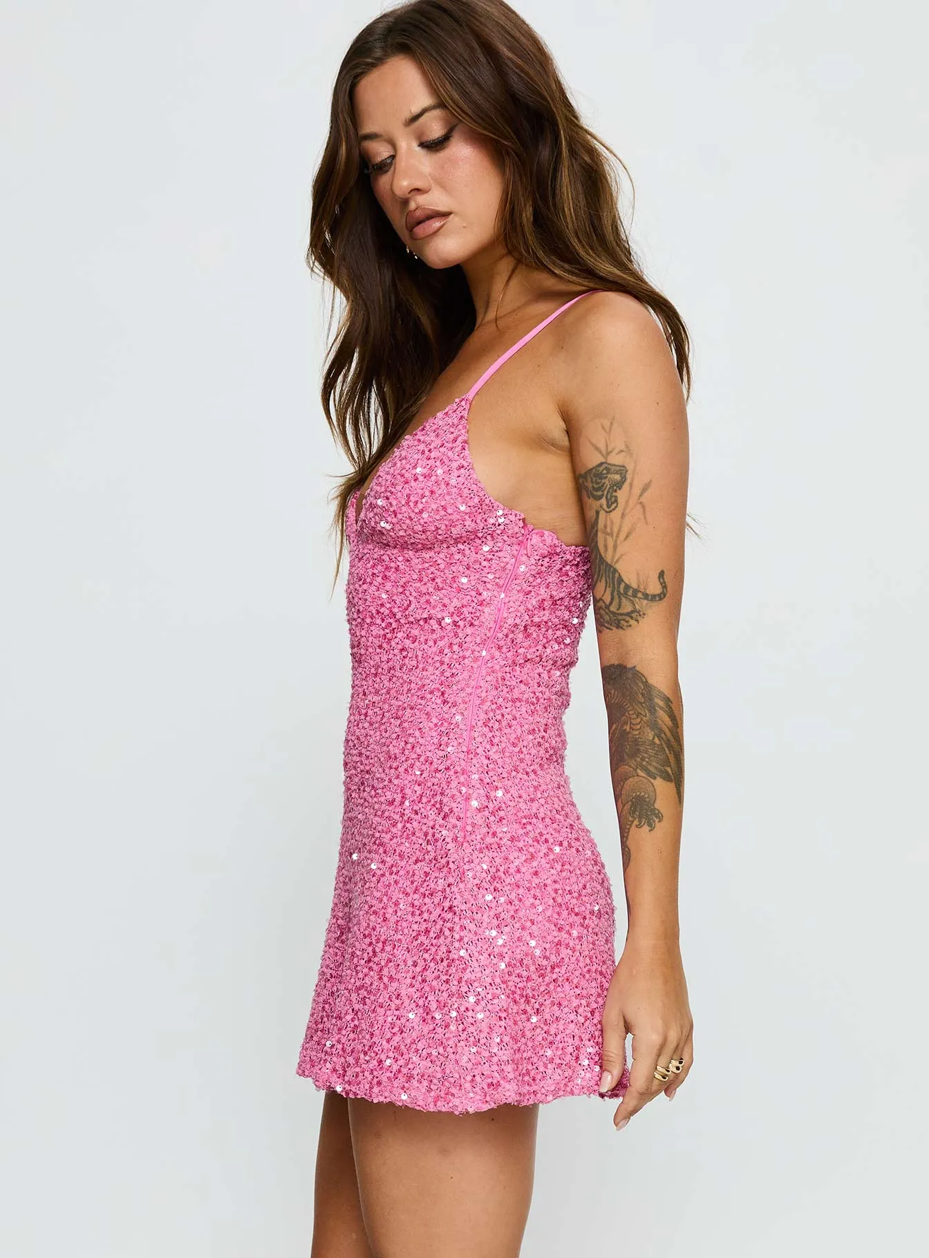 Feel The Vibrations Sequin Mini Dress Hot Pink sold by Princess Polly product image thumbnail 4