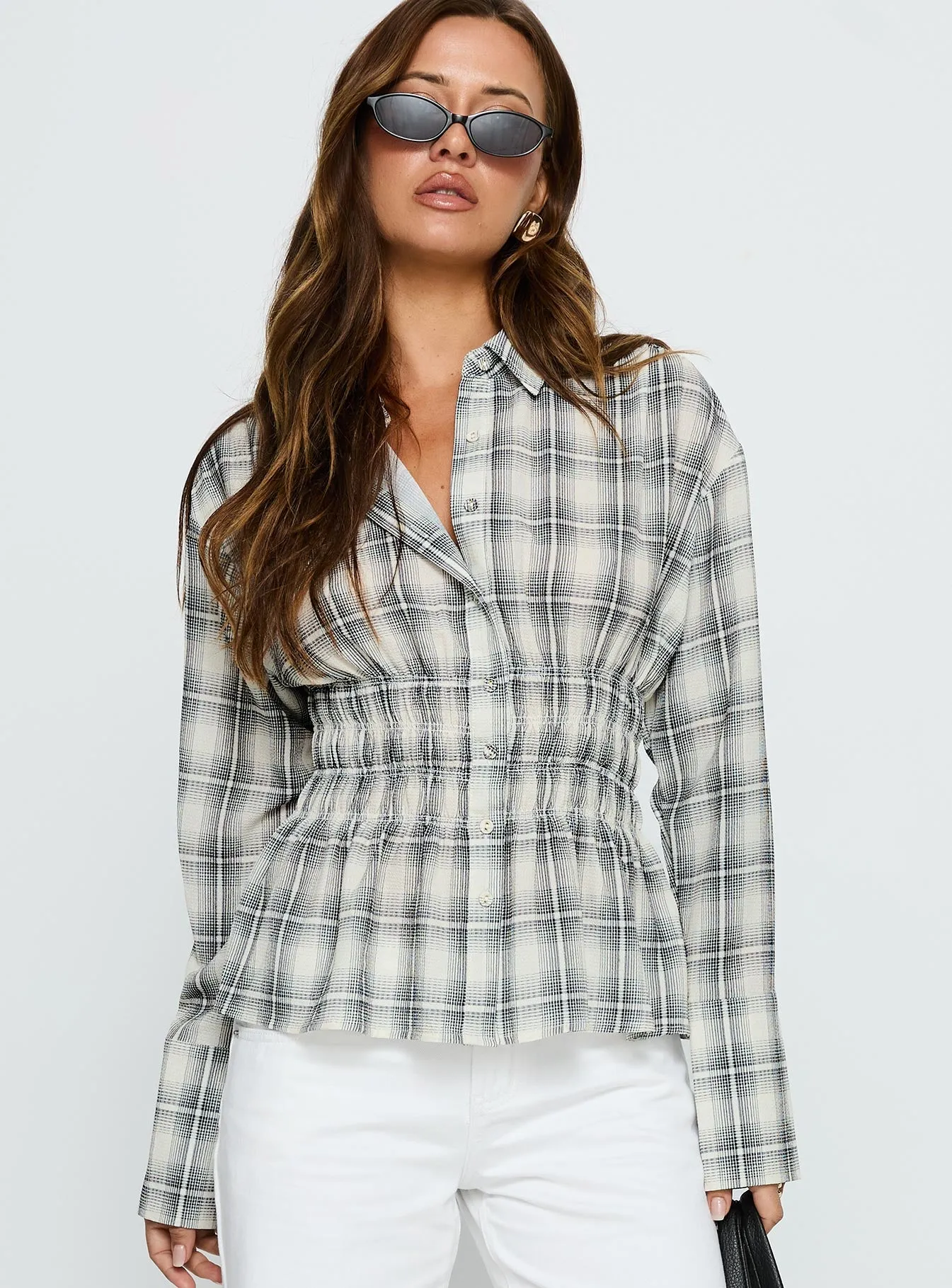 As You Are Shirred Button Up Top Black Check sold by Princess Polly product image thumbnail 2