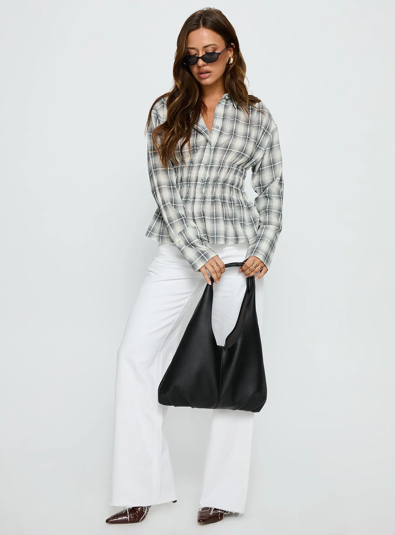 As You Are Shirred Button Up Top Black Check sold by Princess Polly product image thumbnail 3
