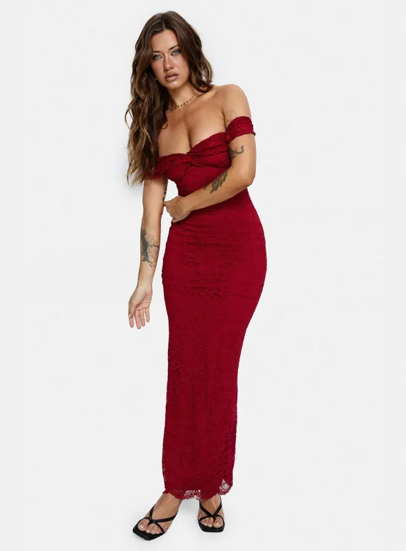 Anabeila Strapless Frill Maxi Dress Red sold by Princess Polly