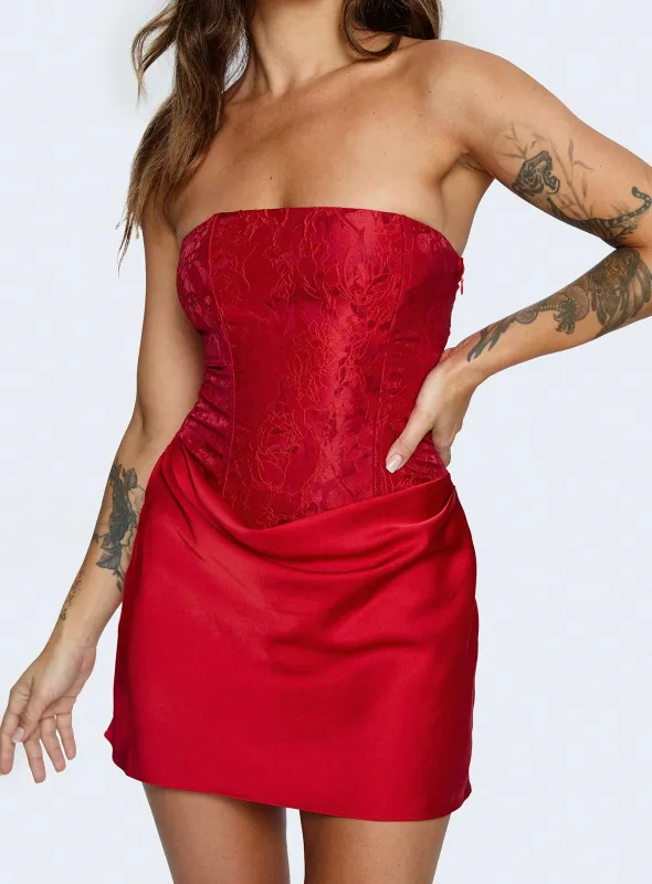 Jenevieve Strapless Drape Mini Dress Red sold by Princess Polly