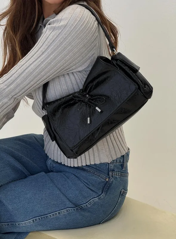 Lay Your Cards Bow Detail Shoulder Bag Black sold by Princess Polly