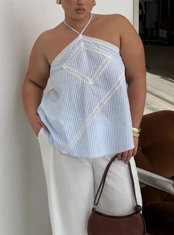 Jezabele Halter Top Blue Stripe Curve sold by Princess Polly