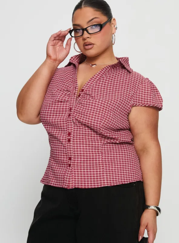 Arianwyn Short Sleeve Shirt Red Check Curve sold by Princess Polly