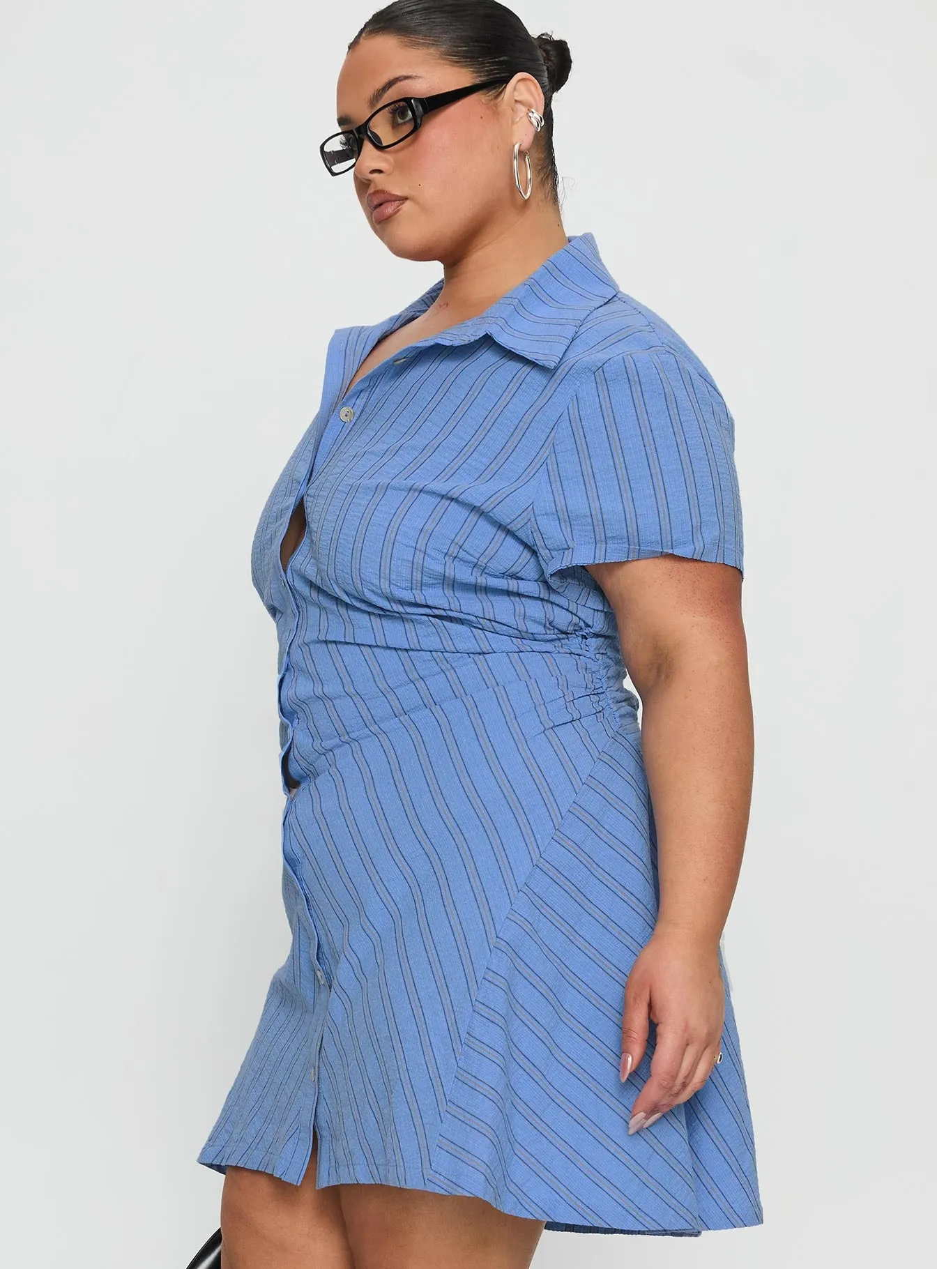 Saydie Button Down Mini Dress Blue Stripe Curve sold by Princess Polly product image thumbnail 4