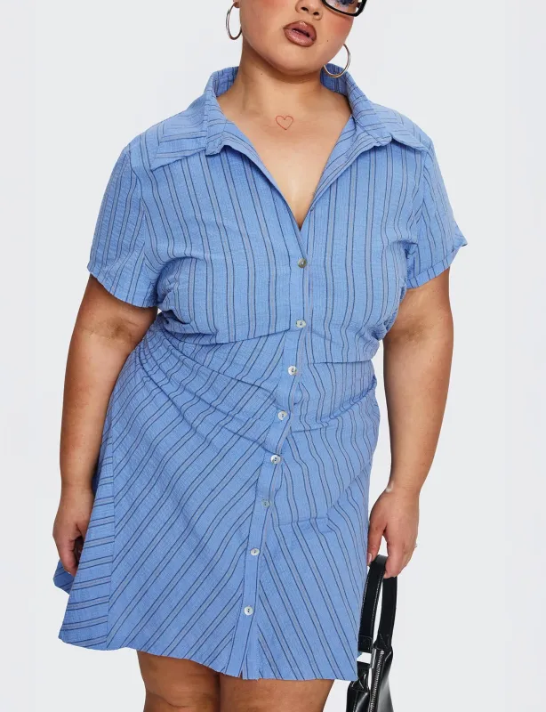 Saydie Button Down Mini Dress Blue Stripe Curve sold by Princess Polly