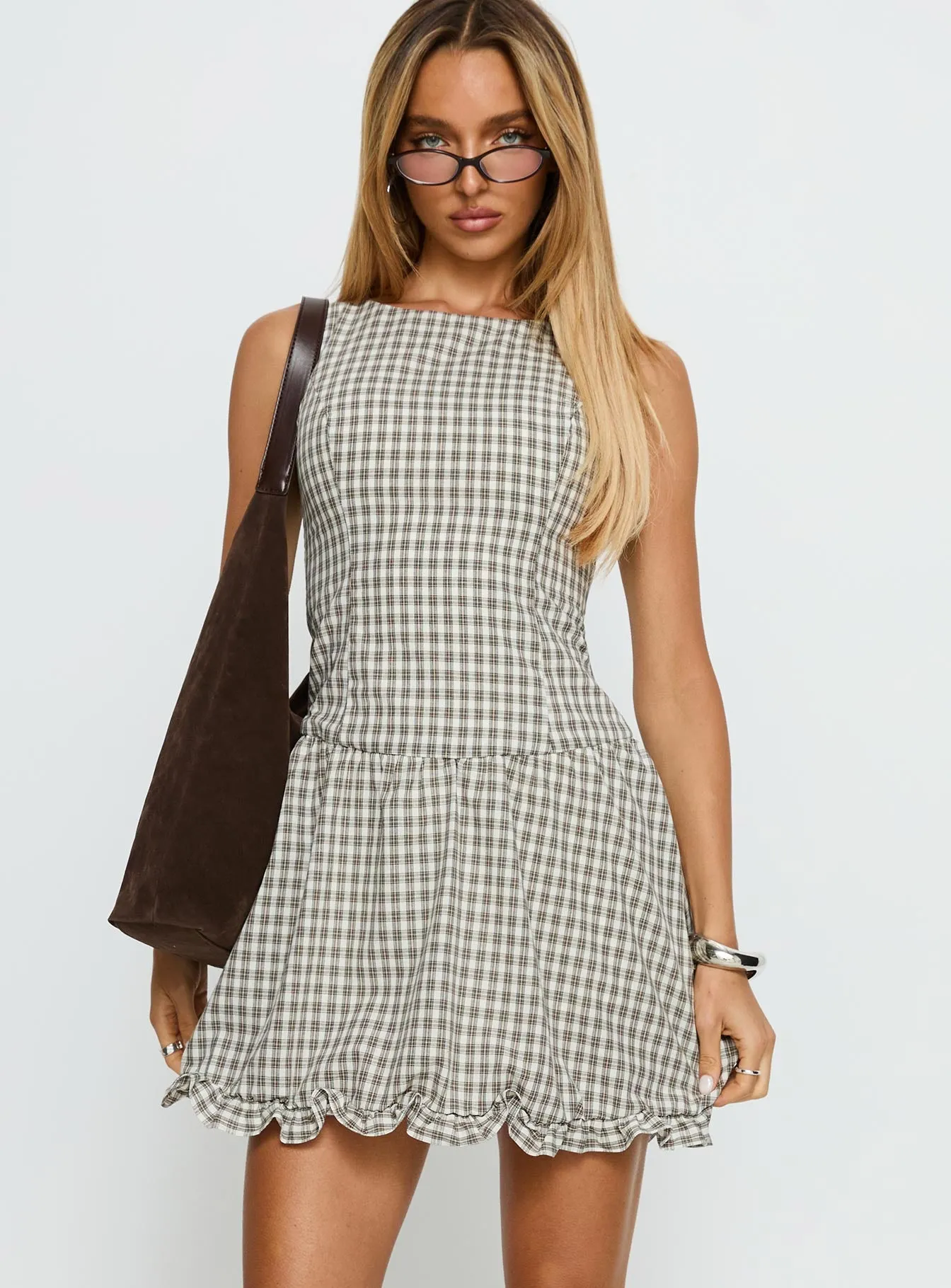 Isidra Drop Waist Playsuit Grey Check sold by Princess Polly