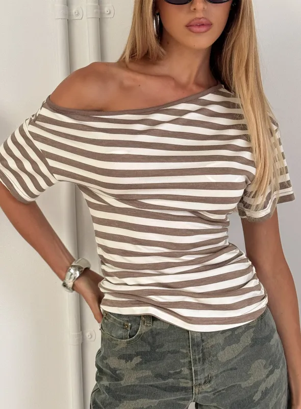 Emlynn Off Shoulder Top Brown Stripe sold by Princess Polly