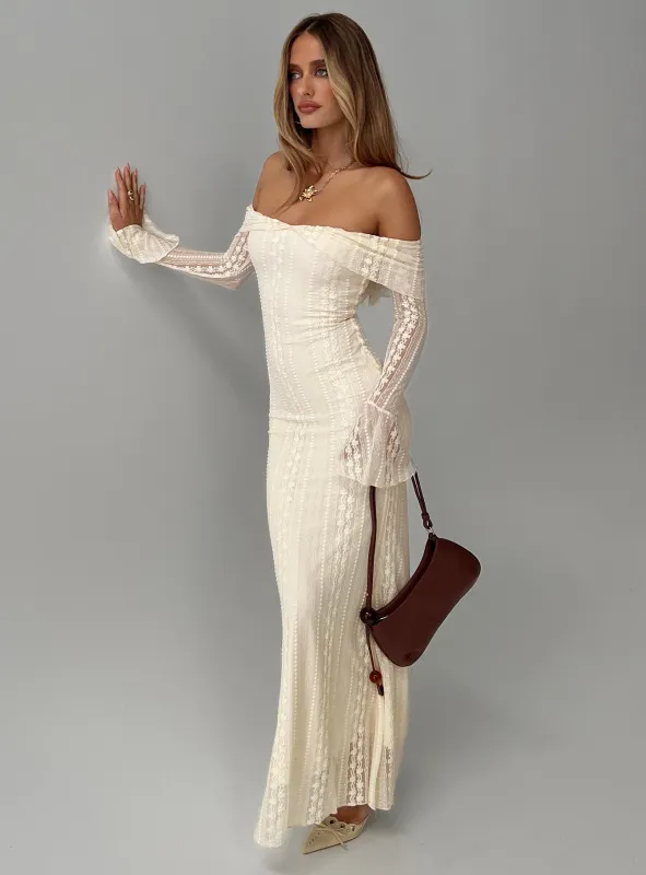 Perdita Long Sleeve Lace Maxi Dress Cream sold by Princess Polly