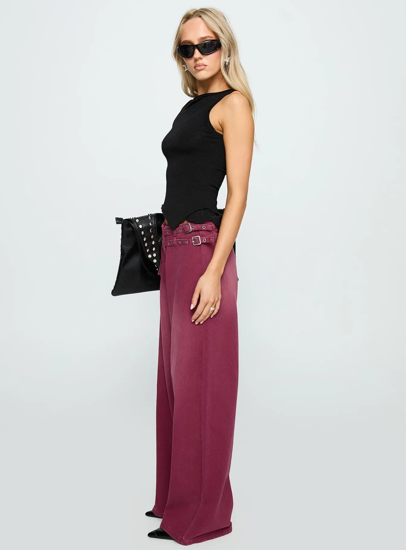 Paltrow Mid Rise Wide Leg Cargo Jeans Washed Burgundy sold by Princess Polly product image thumbnail 4