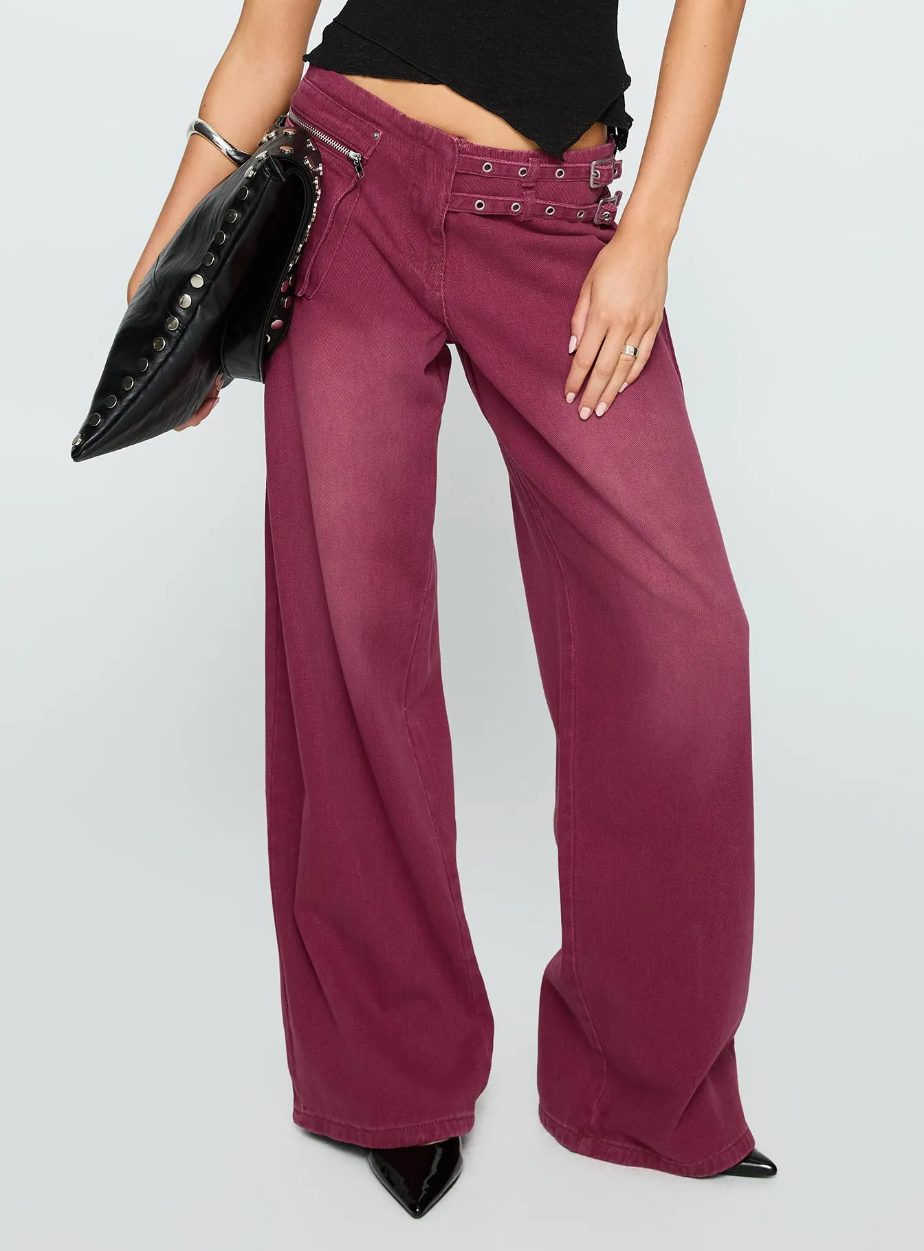 Paltrow Mid Rise Wide Leg Cargo Jeans Washed Burgundy sold by Princess Polly product image thumbnail 2