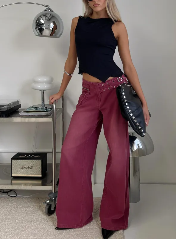 Paltrow Mid Rise Wide Leg Cargo Jeans Washed Burgundy sold by Princess Polly