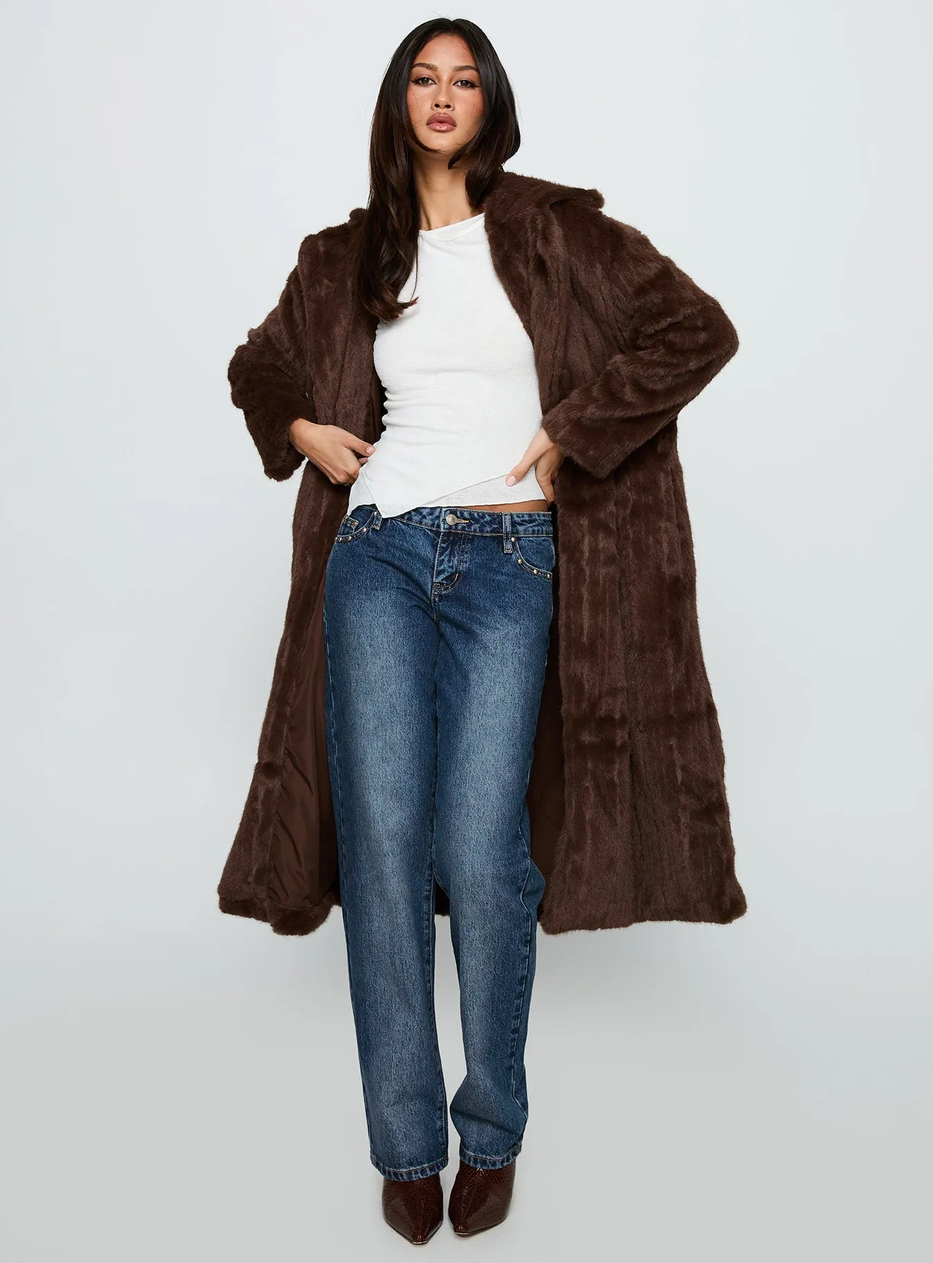 Moss Faux Fur Coat Chocolate sold by Princess Polly product image thumbnail 2