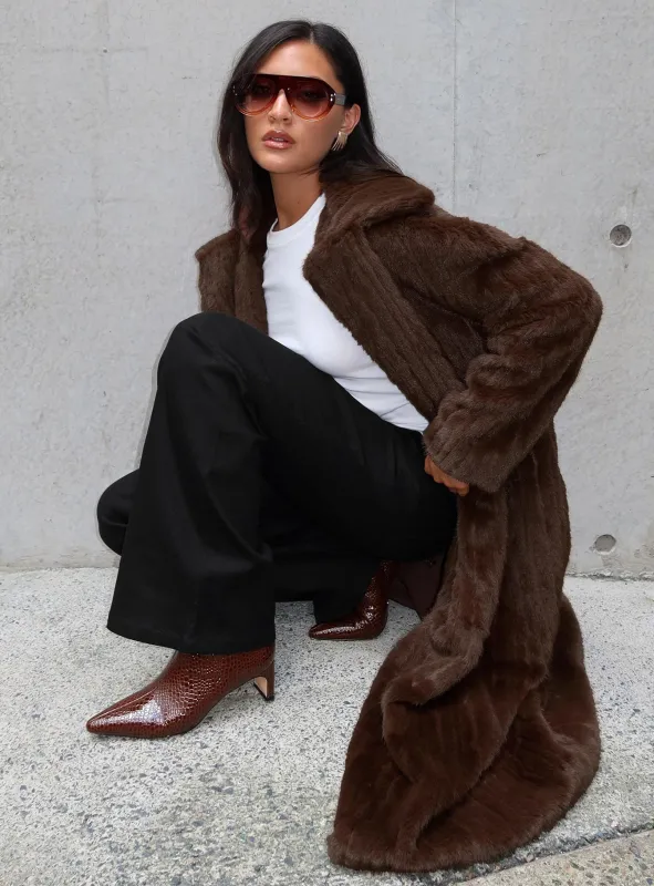 Moss Faux Fur Coat Chocolate sold by Princess Polly