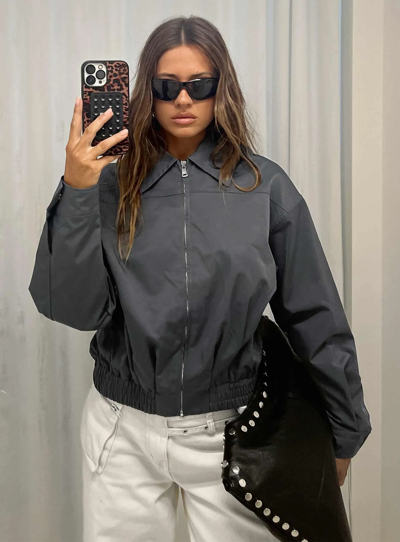 Call You Up Bomber Jacket Charcoal sold by Princess Polly