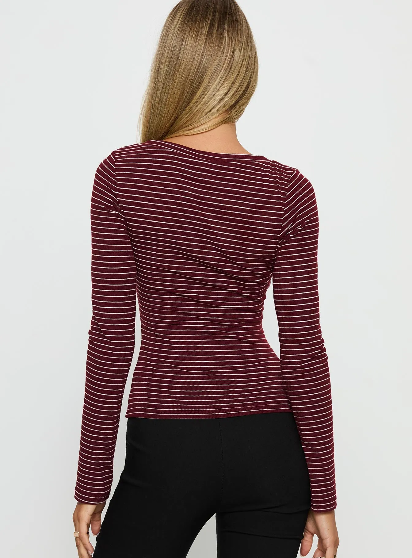 Georgeanna Button Up Long Sleeve Top Burgundy Stripe sold by Princess Polly product image thumbnail 4