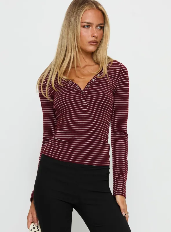 Georgeanna Button Up Long Sleeve Top Burgundy Stripe sold by Princess Polly