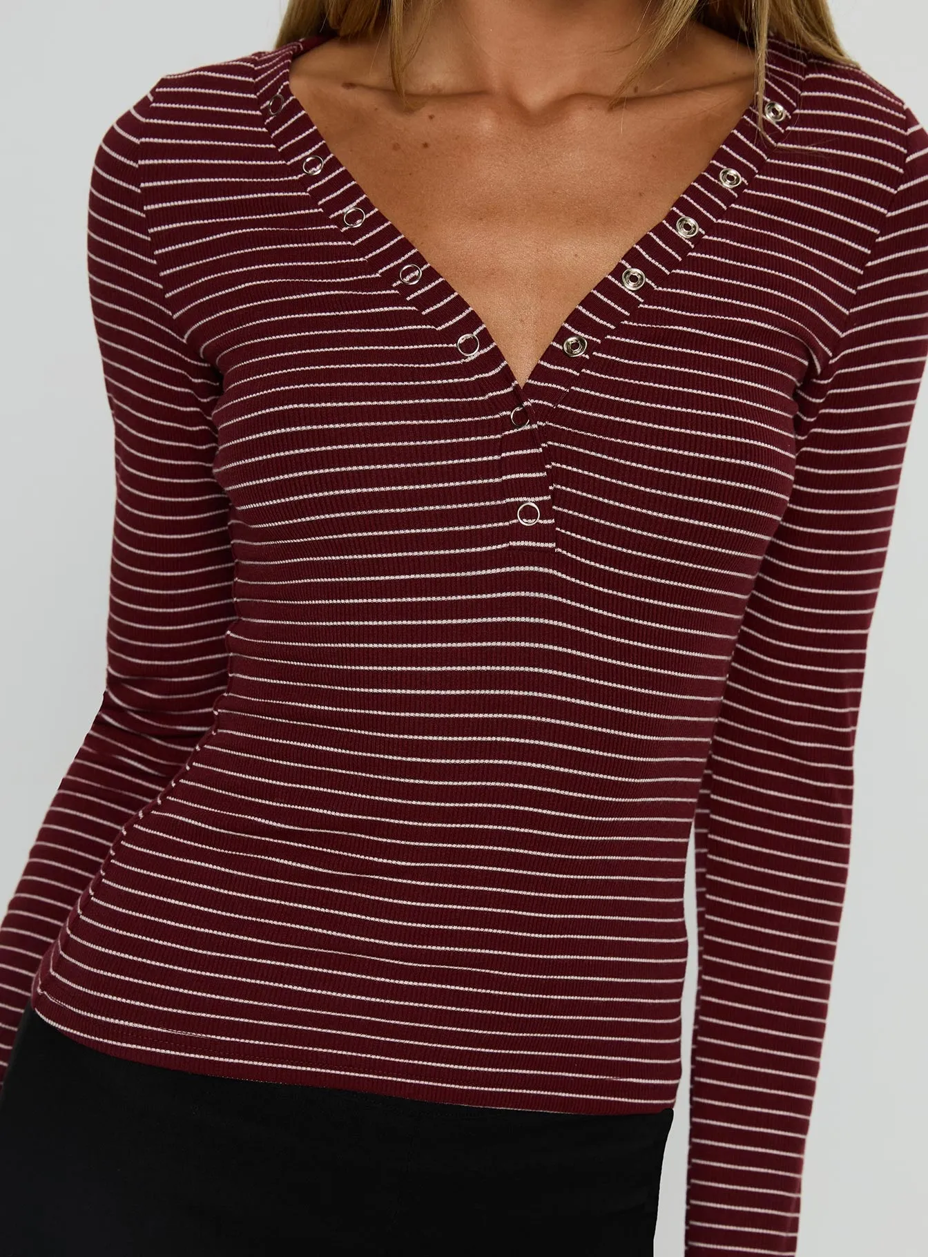 Georgeanna Button Up Long Sleeve Top Burgundy Stripe sold by Princess Polly product image thumbnail 5