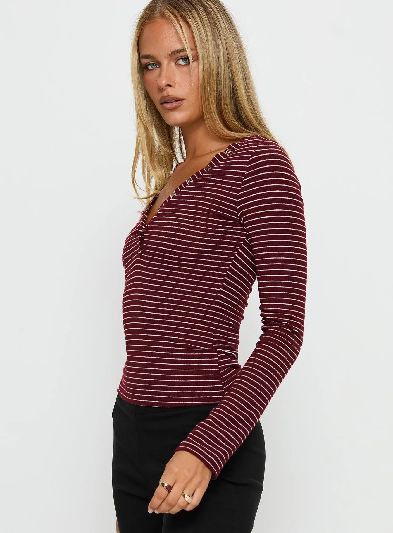 Georgeanna Button Up Long Sleeve Top Burgundy Stripe sold by Princess Polly product image thumbnail 3