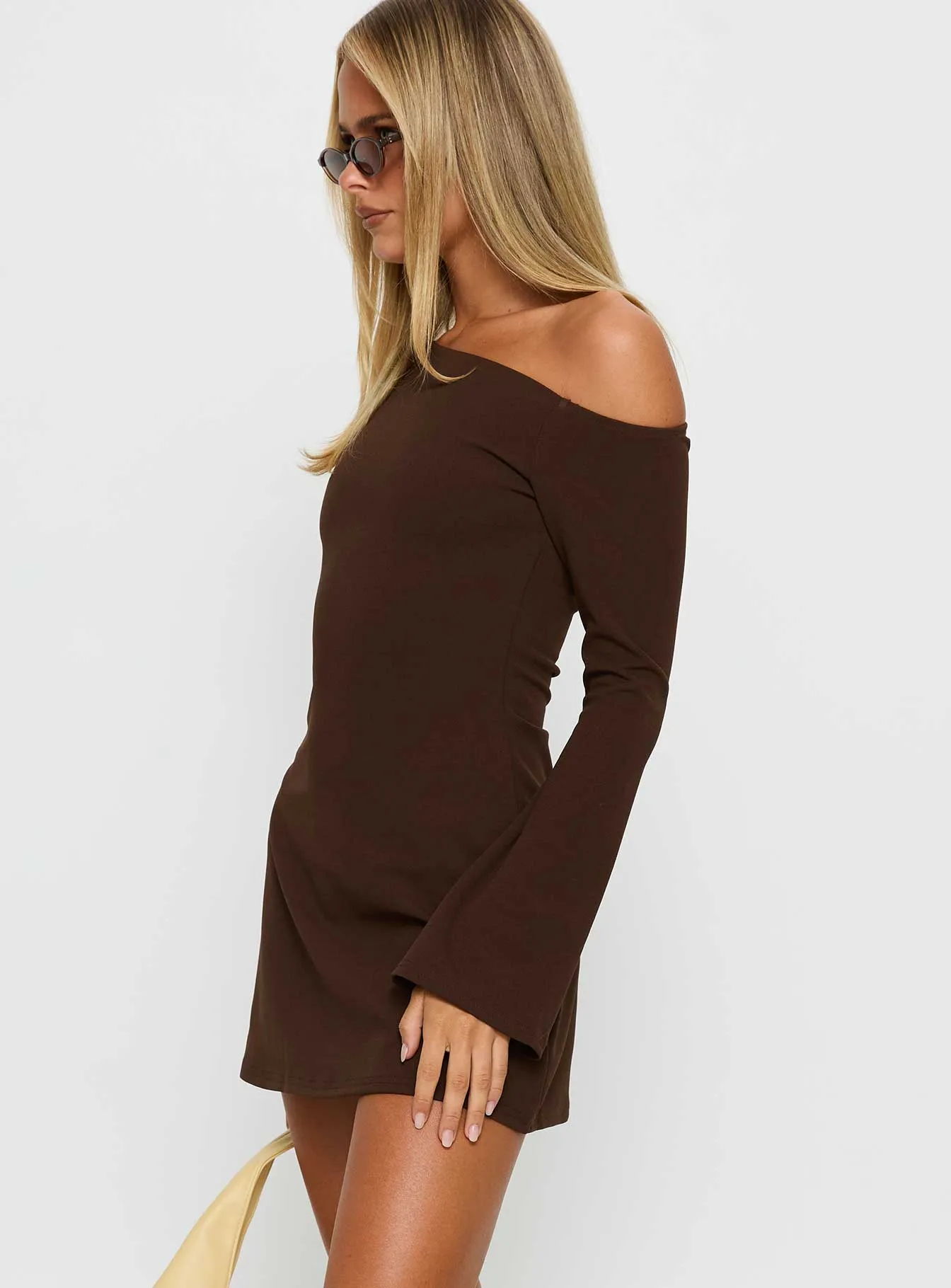 Adrietta Long Sleeve Off Shoulder Knit Mini Dress Brown sold by Princess Polly product image thumbnail 4